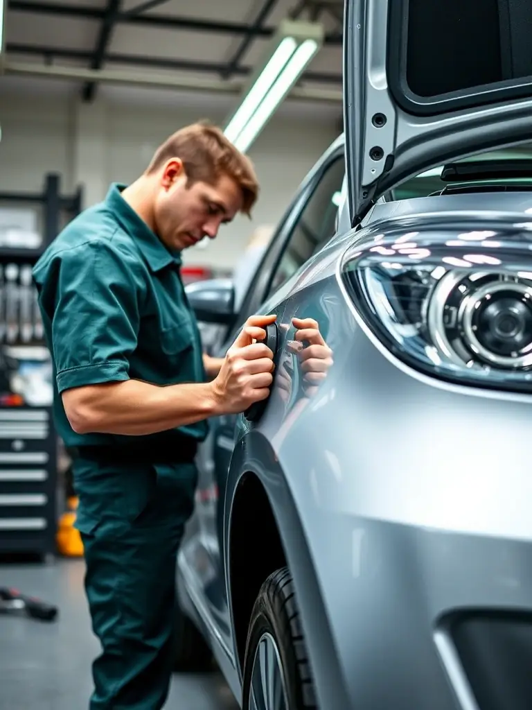 A mechanic replacing brake pads on a car in a well-maintained UK garage, showcasing the precision and care taken during the repair.