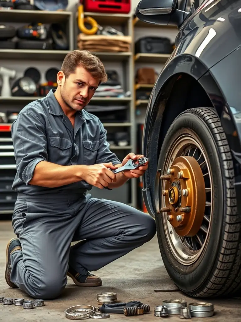 A mechanic replacing brake pads on a car in a UK garage, with various tools and equipment visible.