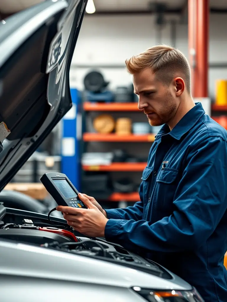 A close-up shot of a mechanic using diagnostic equipment to identify an engine problem in a modern UK garage setting.
