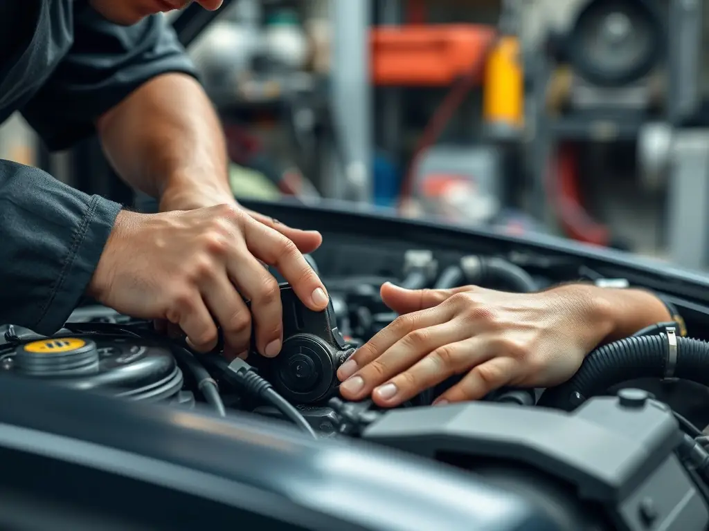 A close-up shot of a mechanic's hands expertly working on an engine component in a well-lit UK garage, showcasing precision and attention to detail.