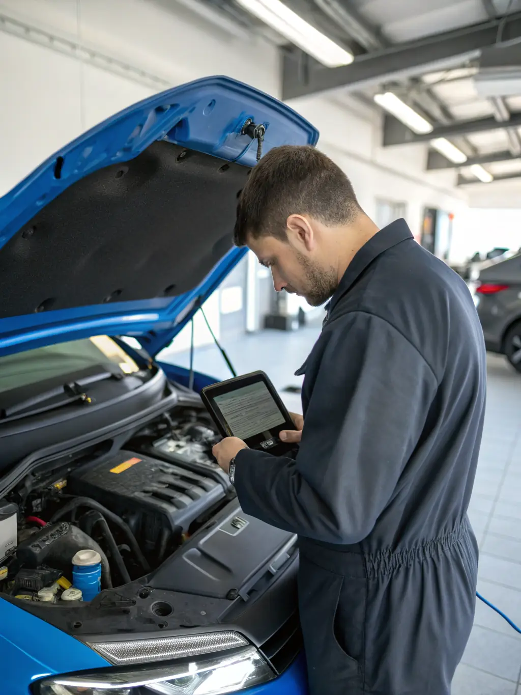 A mechanic using diagnostic equipment to perform engine diagnostics on a car in a well-lit UK garage.