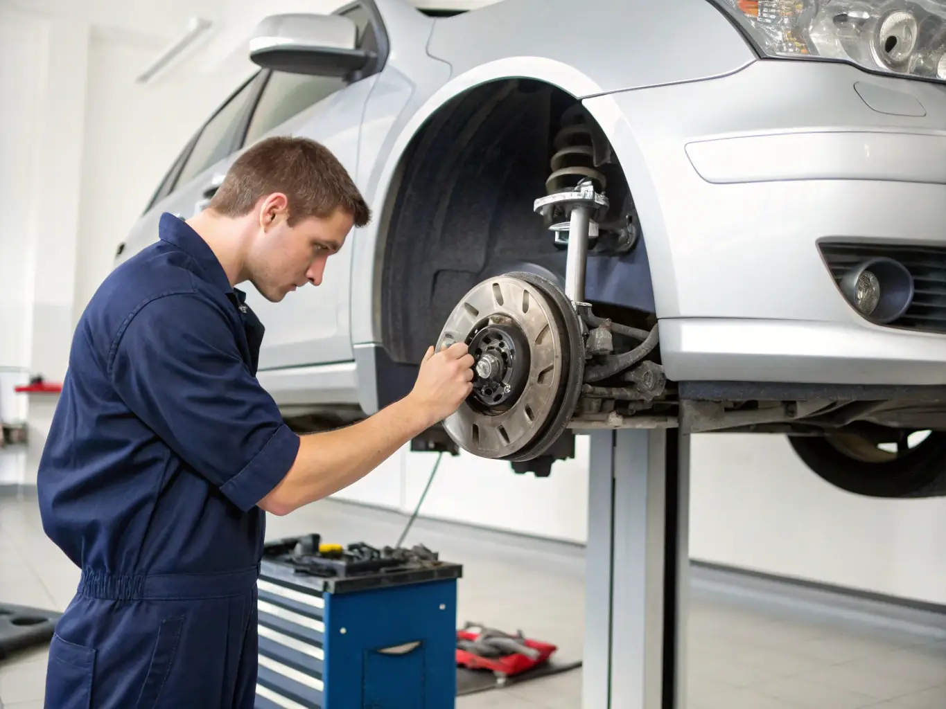 An image of a mechanic carefully inspecting brake pads and rotors in a UK garage setting, emphasizing safety and thoroughness.