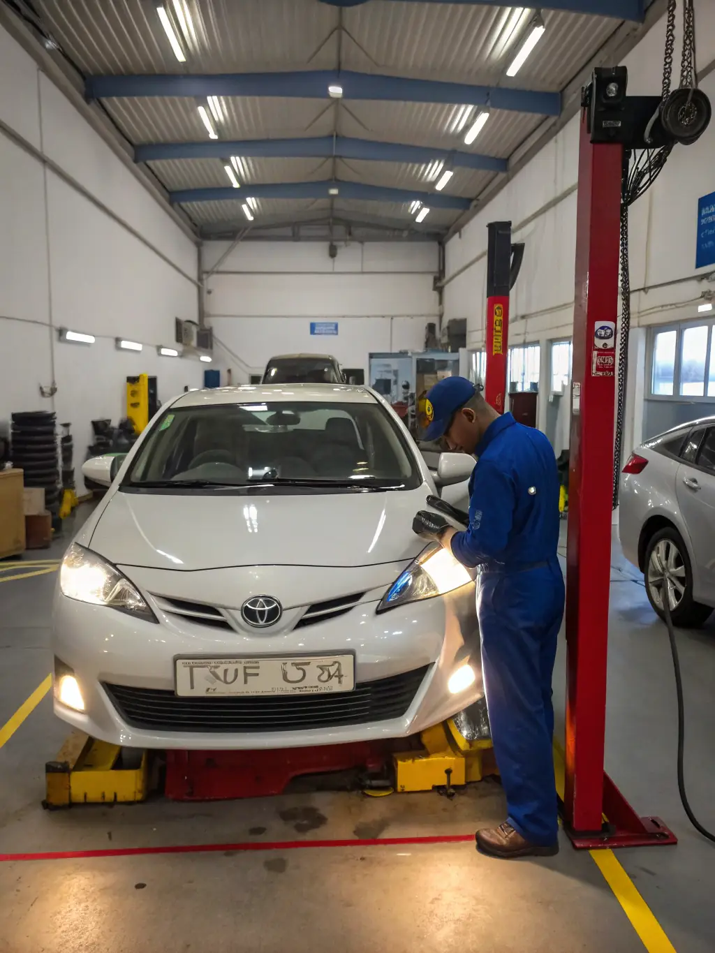 A mechanic performing an MOT preparation check on a vehicle in a bright, clean UK garage, ensuring all lights and signals are functioning correctly.