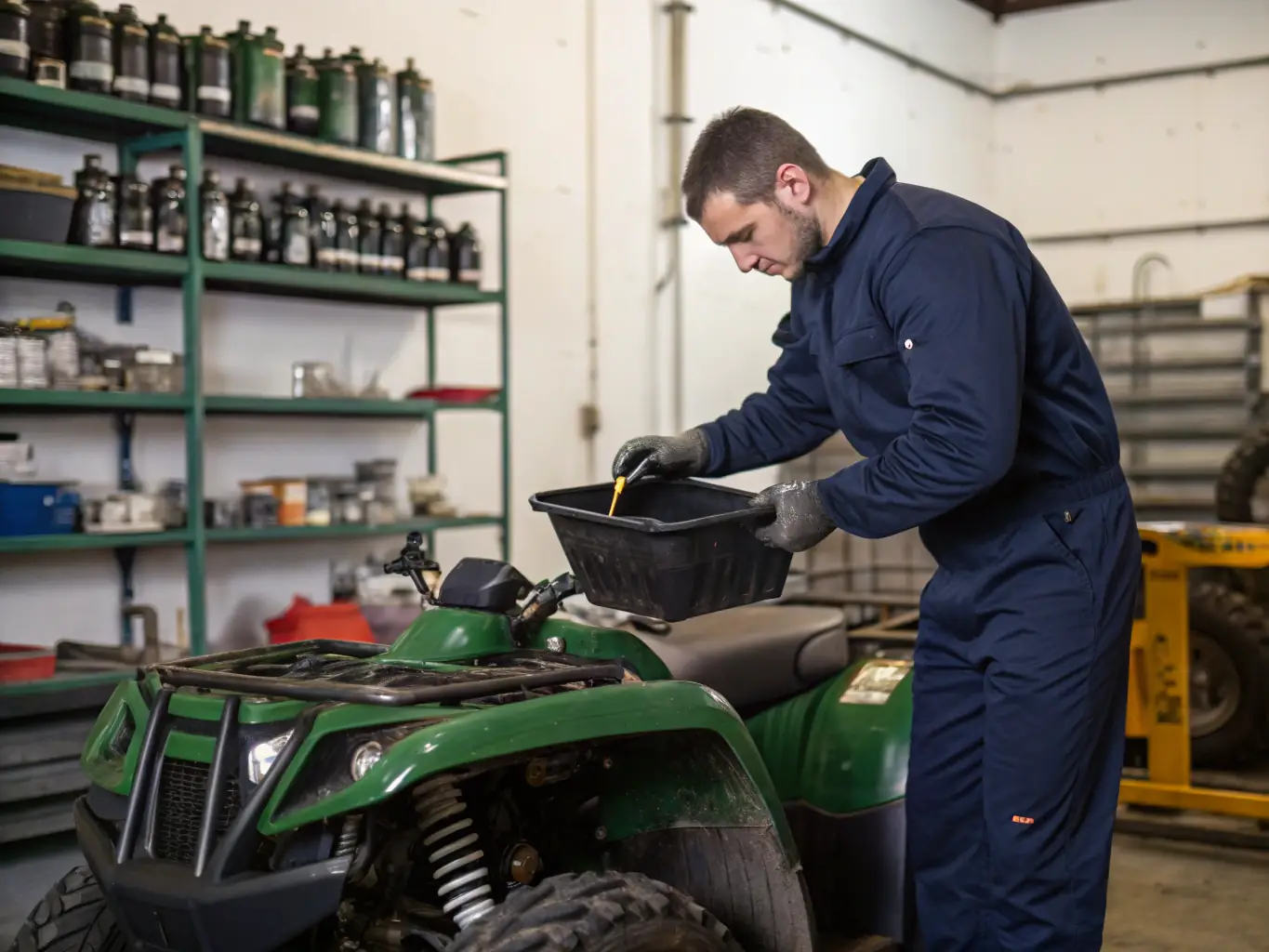 A photograph of a mechanic performing an oil change on a car in a clean and organized UK garage, highlighting the importance of regular maintenance.