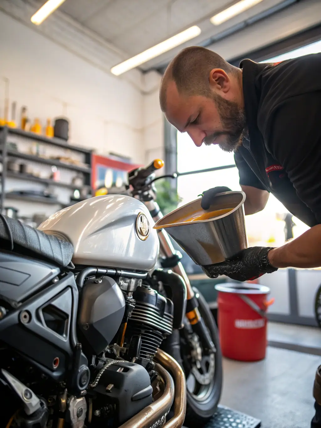 A mechanic performing an oil change on a car in a clean and organised UK garage environment.